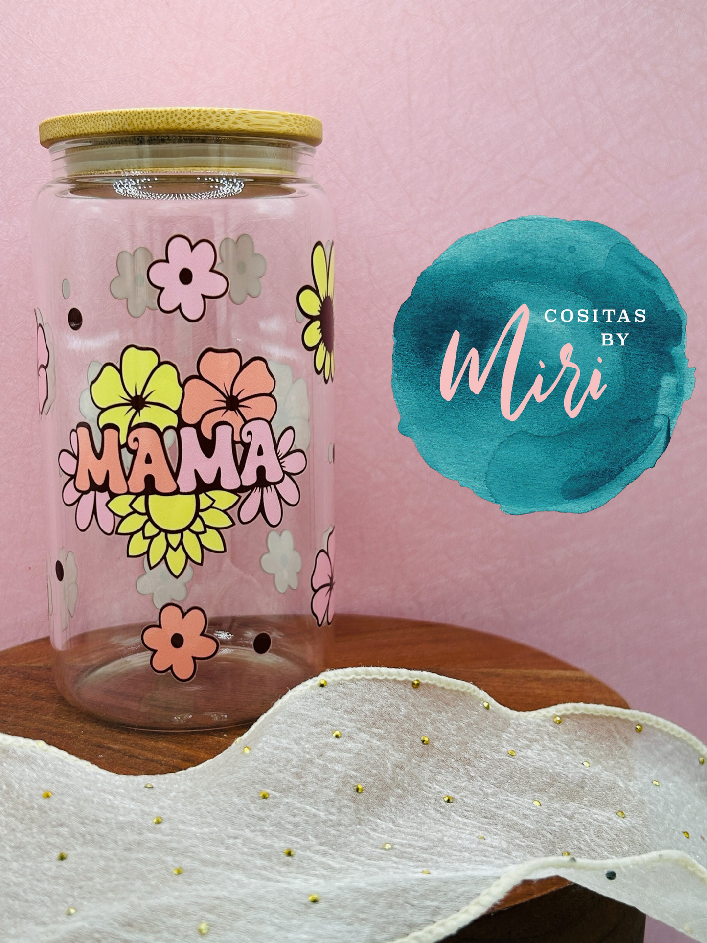 Mama with Flowers Glass Can